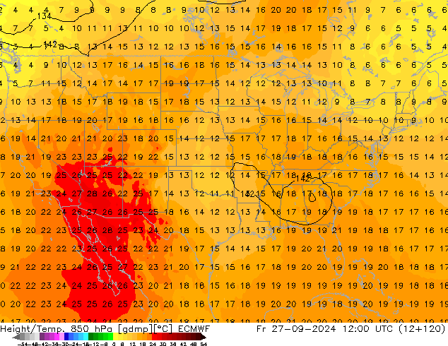 Height/Temp. 850 hPa ECMWF pt. 27.09.2024 12 UTC