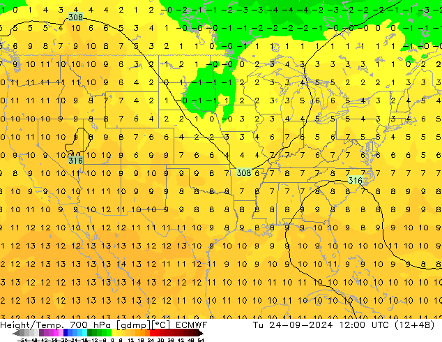 Géop./Temp. 700 hPa ECMWF mar 24.09.2024 12 UTC