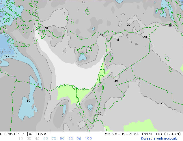 RH 850 hPa ECMWF We 25.09.2024 18 UTC