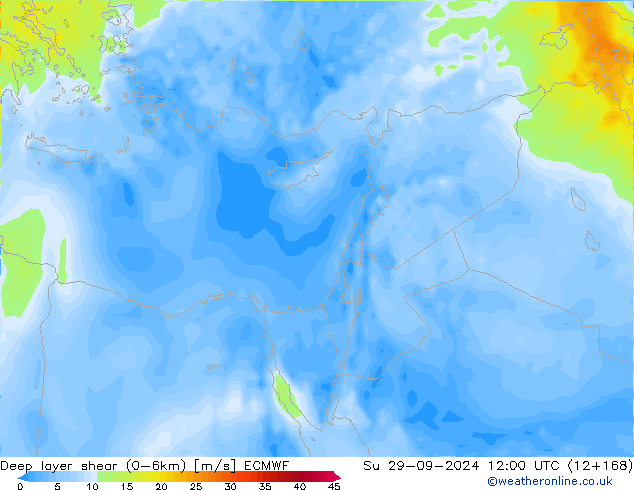 Deep layer shear (0-6km) ECMWF Paz 29.09.2024 12 UTC