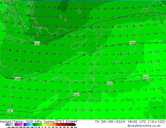 Z500/Rain (+SLP)/Z850 ECMWF gio 26.09.2024 18 UTC