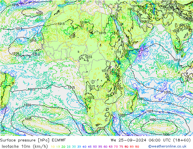 Isotachs (kph) ECMWF Qua 25.09.2024 06 UTC