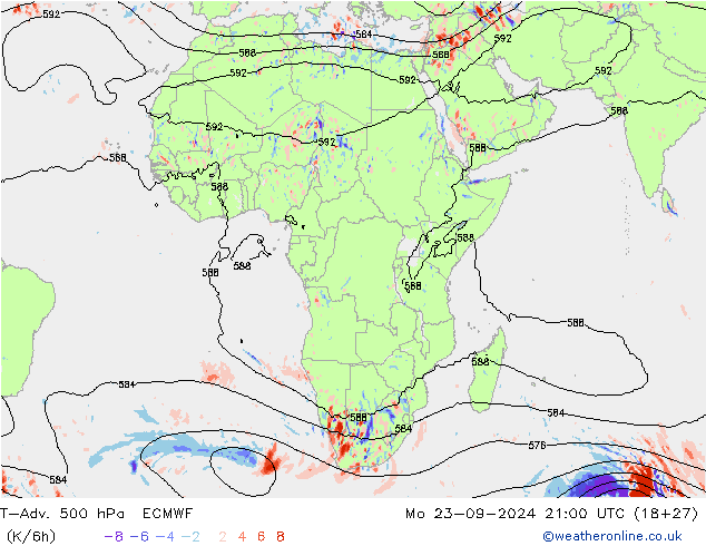 T-Adv. 500 hPa ECMWF pon. 23.09.2024 21 UTC