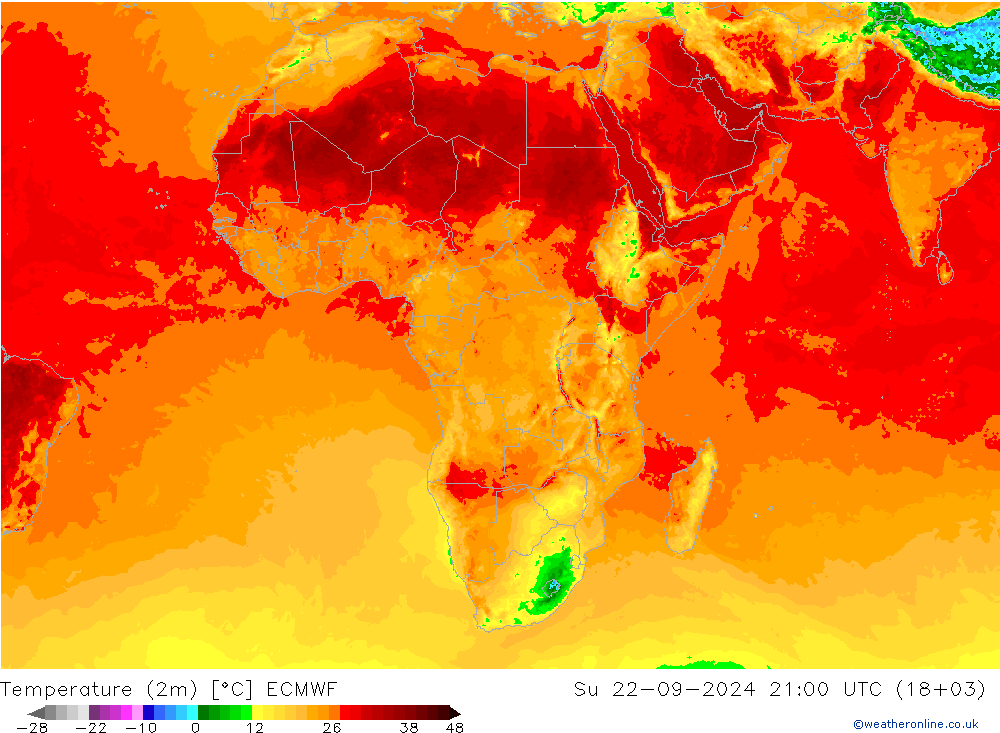 Temperature (2m) ECMWF Su 22.09.2024 21 UTC