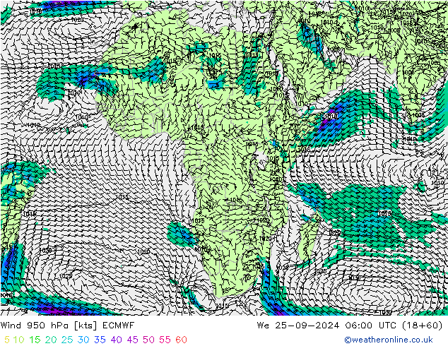 Vento 950 hPa ECMWF Qua 25.09.2024 06 UTC