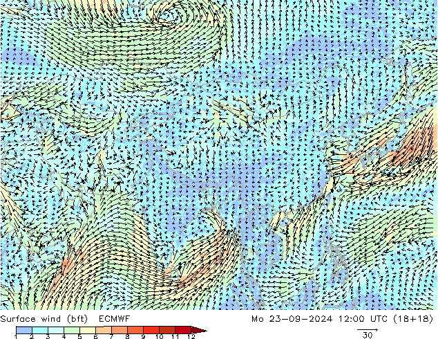 Rüzgar 10 m (bft) ECMWF Pzt 23.09.2024 12 UTC