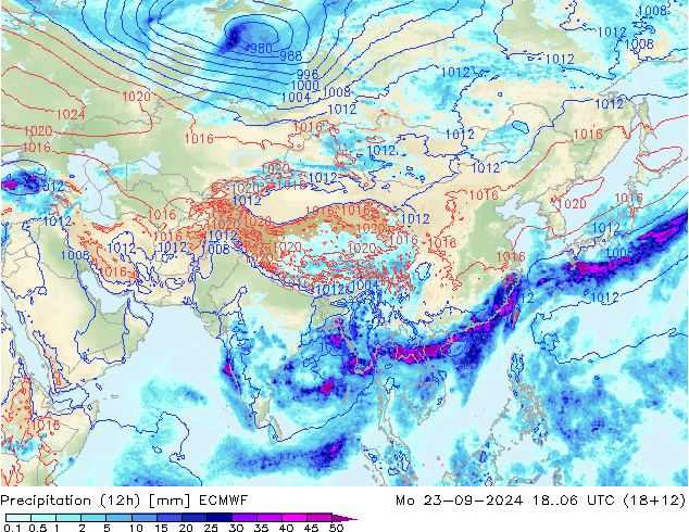 Totale neerslag (12h) ECMWF ma 23.09.2024 06 UTC