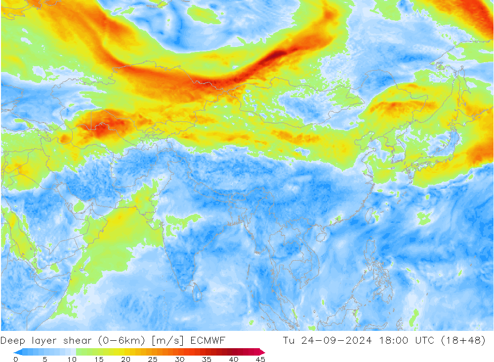 Deep layer shear (0-6km) ECMWF Tu 24.09.2024 18 UTC