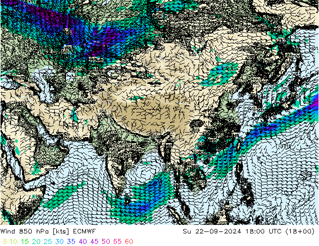 Vento 850 hPa ECMWF Dom 22.09.2024 18 UTC