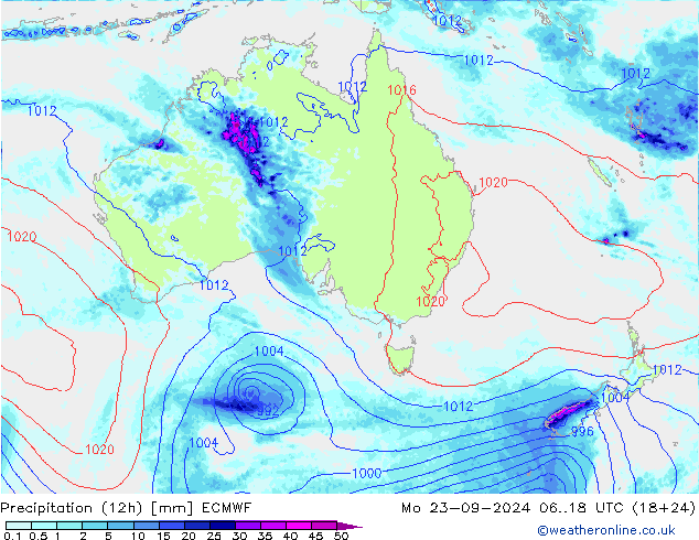 Precipitation (12h) ECMWF Mo 23.09.2024 18 UTC