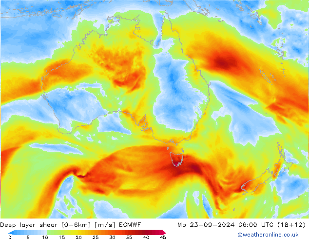 Deep layer shear (0-6km) ECMWF Mo 23.09.2024 06 UTC