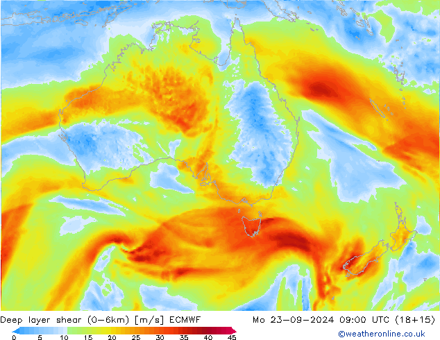 Deep layer shear (0-6km) ECMWF ma 23.09.2024 09 UTC