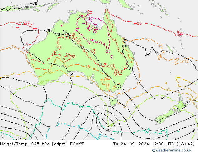 Height/Temp. 925 hPa ECMWF Tu 24.09.2024 12 UTC