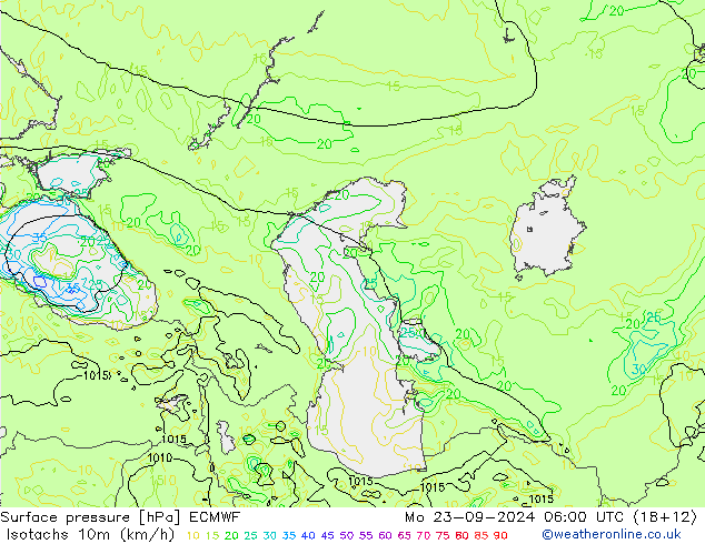 Isotaca (kph) ECMWF lun 23.09.2024 06 UTC