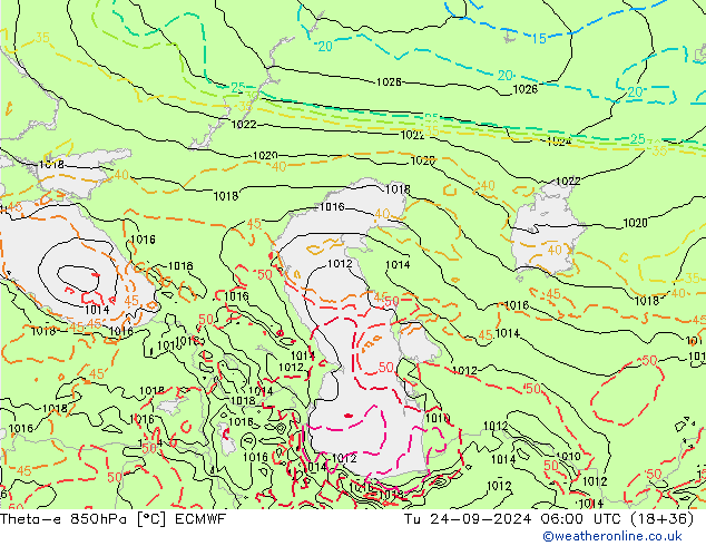 Theta-e 850hPa ECMWF Tu 24.09.2024 06 UTC