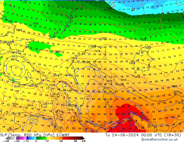 SLP/Temp. 850 hPa ECMWF di 24.09.2024 00 UTC