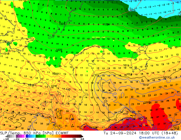 SLP/Temp. 850 hPa ECMWF Tu 24.09.2024 18 UTC