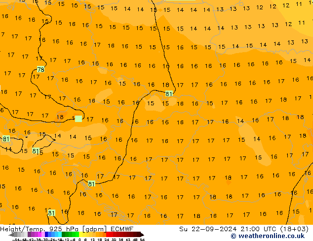 Height/Temp. 925 hPa ECMWF Su 22.09.2024 21 UTC