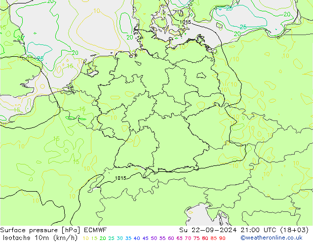 Isotachs (kph) ECMWF dim 22.09.2024 21 UTC