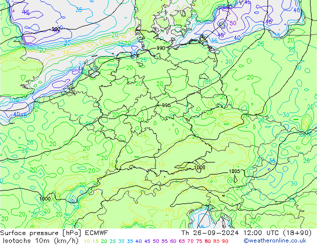 Isotachs (kph) ECMWF Th 26.09.2024 12 UTC