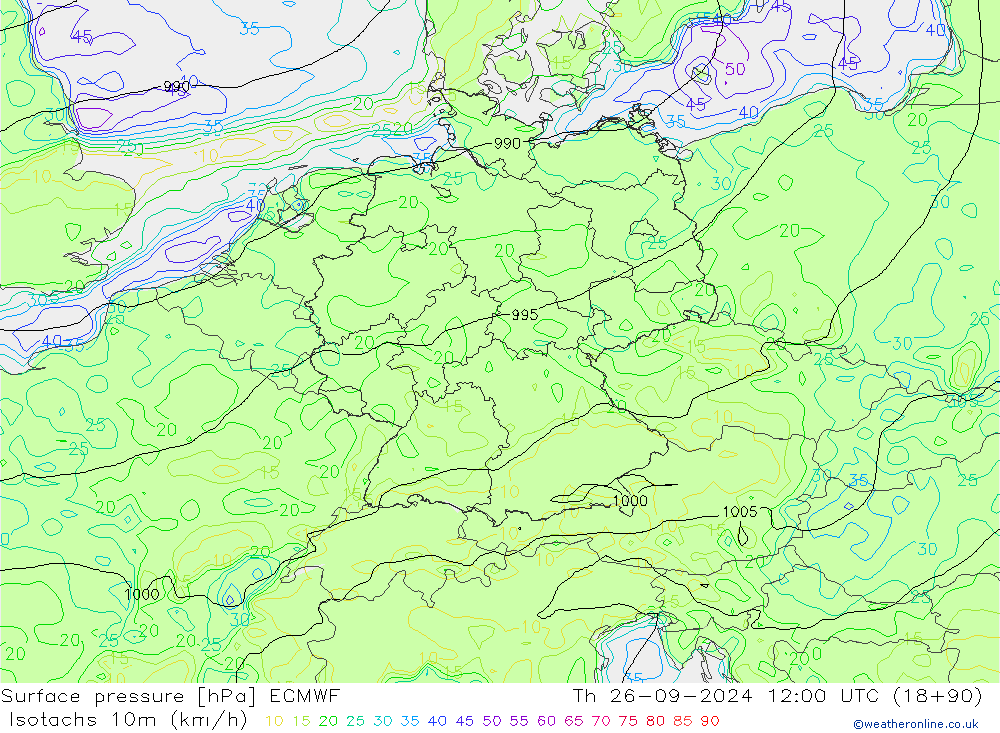 Isotaca (kph) ECMWF jue 26.09.2024 12 UTC