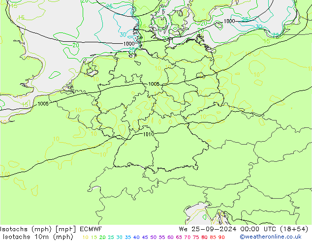 Isotachen (mph) ECMWF Mi 25.09.2024 00 UTC