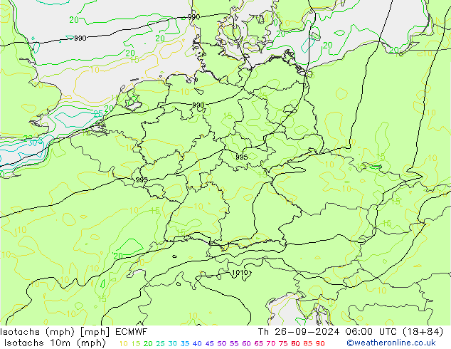 Eşrüzgar Hızları mph ECMWF Per 26.09.2024 06 UTC