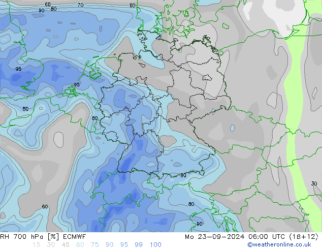 Humedad rel. 700hPa ECMWF lun 23.09.2024 06 UTC