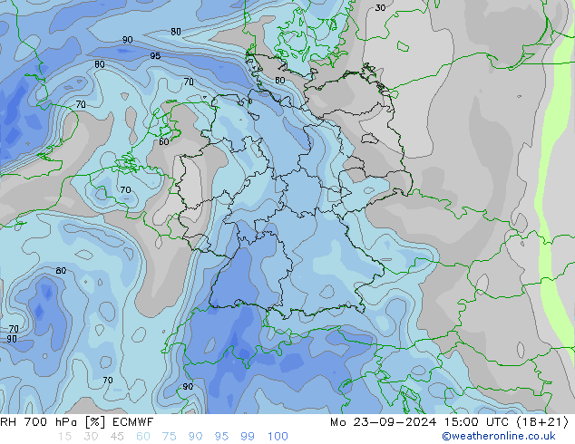 RH 700 hPa ECMWF pon. 23.09.2024 15 UTC