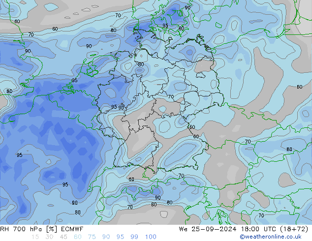 RH 700 hPa ECMWF We 25.09.2024 18 UTC