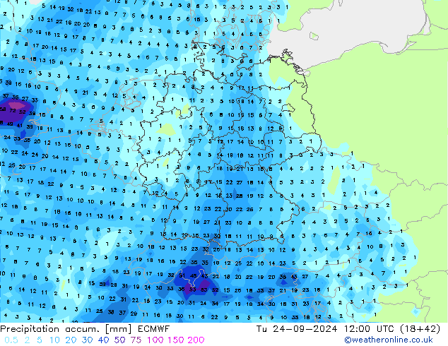 Precipitation accum. ECMWF 星期二 24.09.2024 12 UTC