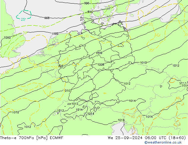 Theta-e 700hPa ECMWF Mi 25.09.2024 06 UTC