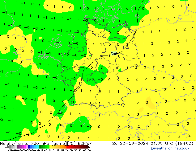 Height/Temp. 700 hPa ECMWF Su 22.09.2024 21 UTC