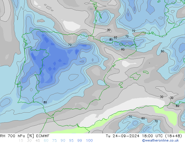 RH 700 hPa ECMWF mar 24.09.2024 18 UTC