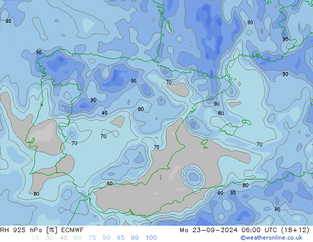 RH 925 hPa ECMWF pon. 23.09.2024 06 UTC