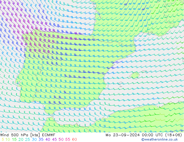 Wind 500 hPa ECMWF Mo 23.09.2024 00 UTC