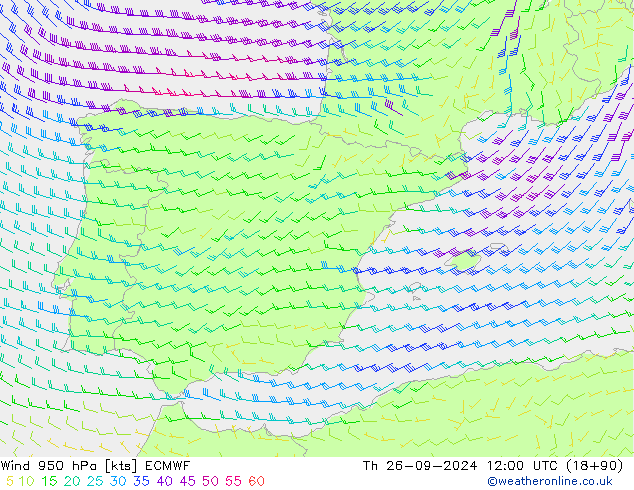 Vento 950 hPa ECMWF Qui 26.09.2024 12 UTC