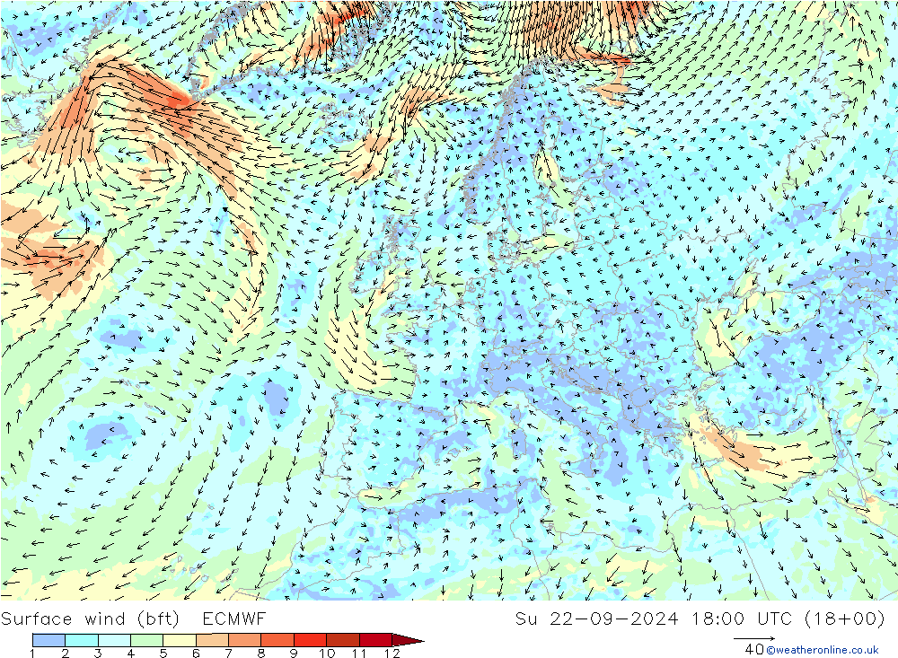 Surface wind (bft) ECMWF Su 22.09.2024 18 UTC