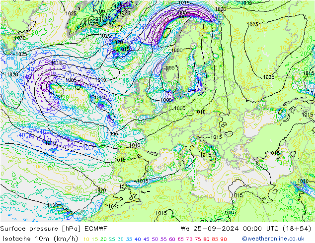 Isotachen (km/h) ECMWF Mi 25.09.2024 00 UTC