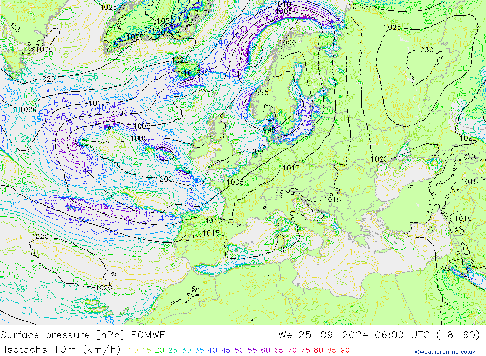 Isotachs (kph) ECMWF  25.09.2024 06 UTC