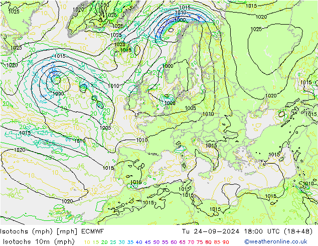 Isotachs (mph) ECMWF Tu 24.09.2024 18 UTC