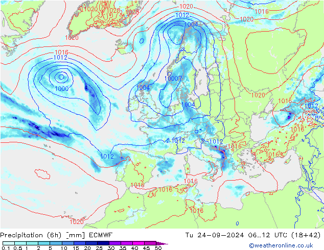 Z500/Rain (+SLP)/Z850 ECMWF Di 24.09.2024 12 UTC