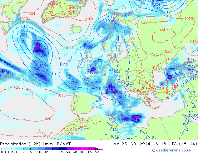 Totale neerslag (12h) ECMWF ma 23.09.2024 18 UTC