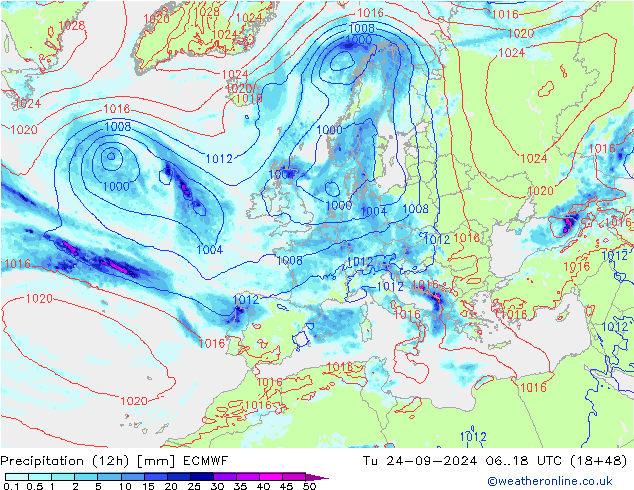 Precipitation (12h) ECMWF Tu 24.09.2024 18 UTC