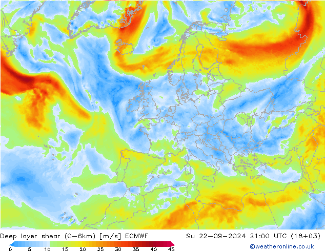 Deep layer shear (0-6km) ECMWF nie. 22.09.2024 21 UTC