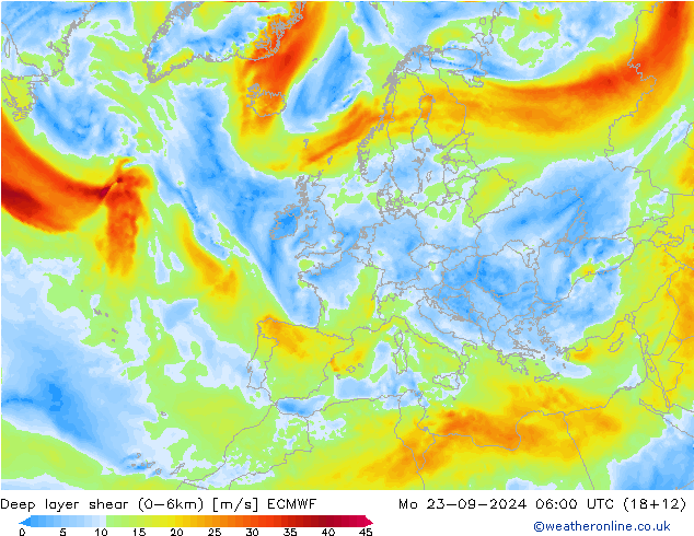 Deep layer shear (0-6km) ECMWF Seg 23.09.2024 06 UTC