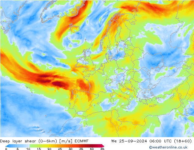 Deep layer shear (0-6km) ECMWF Qua 25.09.2024 06 UTC