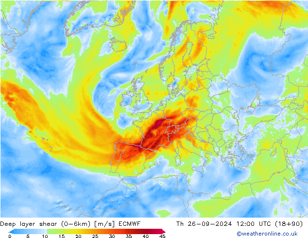 Deep layer shear (0-6km) ECMWF gio 26.09.2024 12 UTC