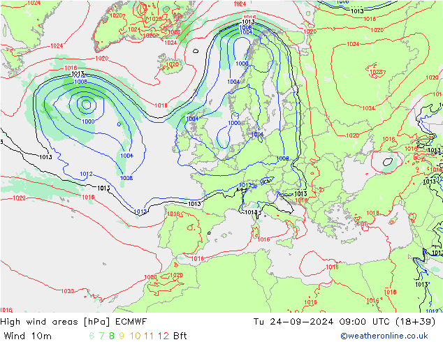 High wind areas ECMWF Tu 24.09.2024 09 UTC