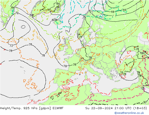 Height/Temp. 925 hPa ECMWF Su 22.09.2024 21 UTC